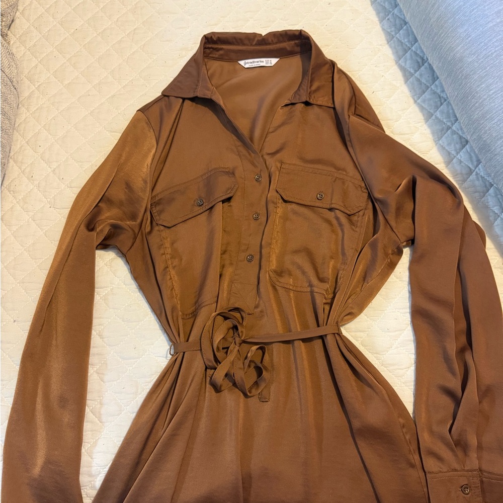 Stradivarius Brown Long Sleeve Shirt Dress